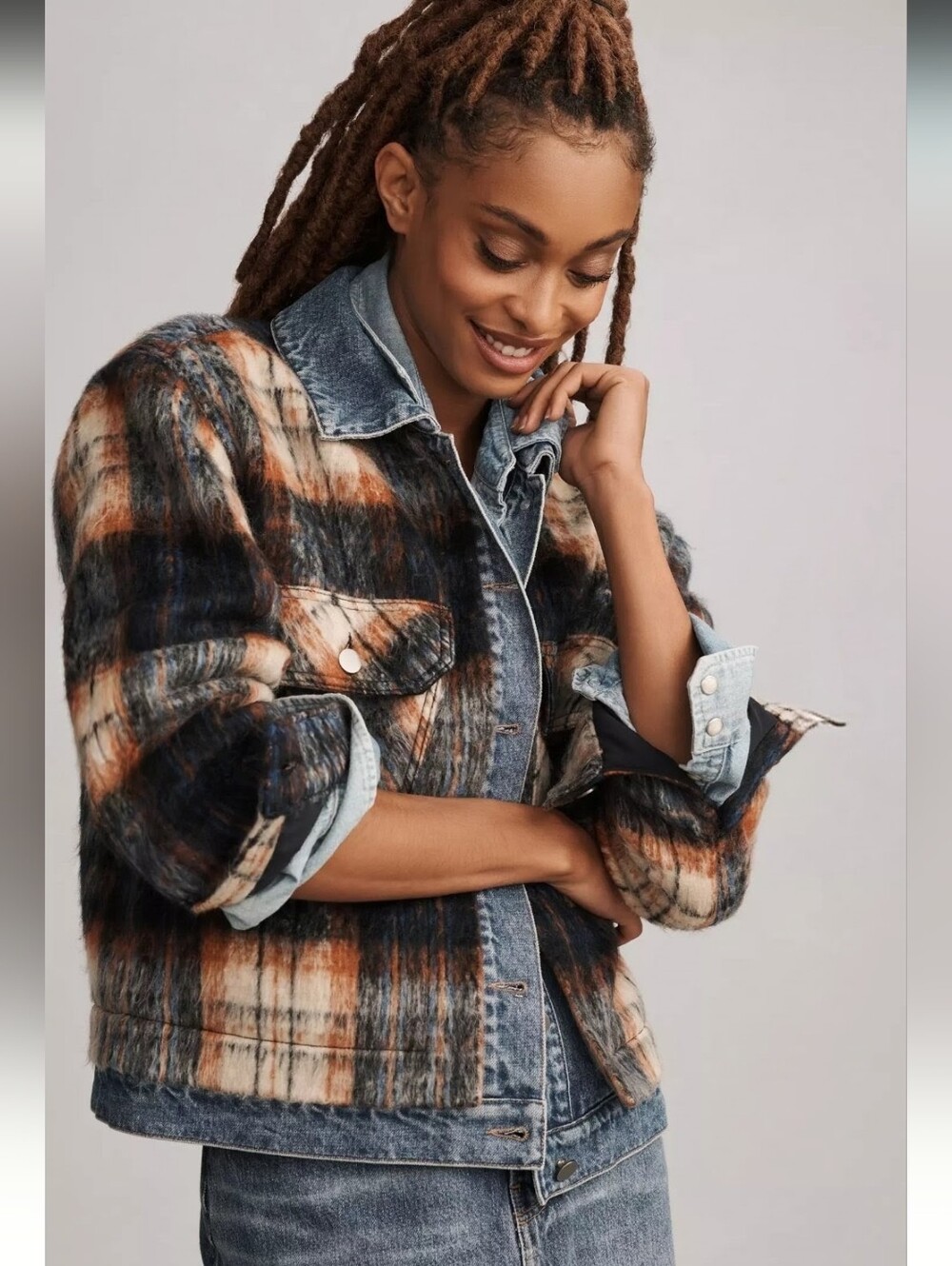 ANTHROPOLOGIE Pilcro Blue Motif Plaid Shacket Wool Denim Mix Fabric S NWT RARE